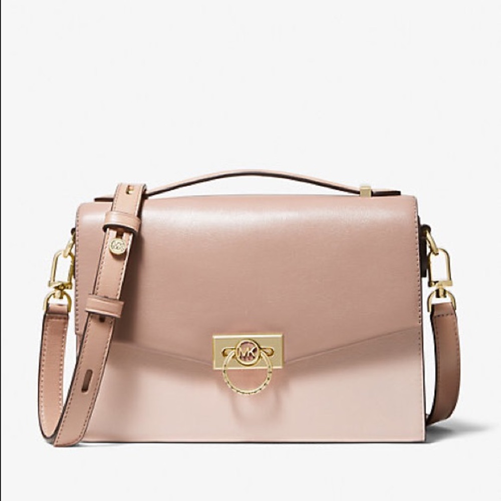 NWT Hendrix Medium Two-Tone Leather Messenger Bag in Soft Pink/Fawn